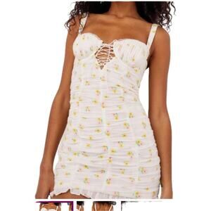 For Love & Lemons Celia Shirred Floral-embroidered Lace-up Open-back Mini Dress